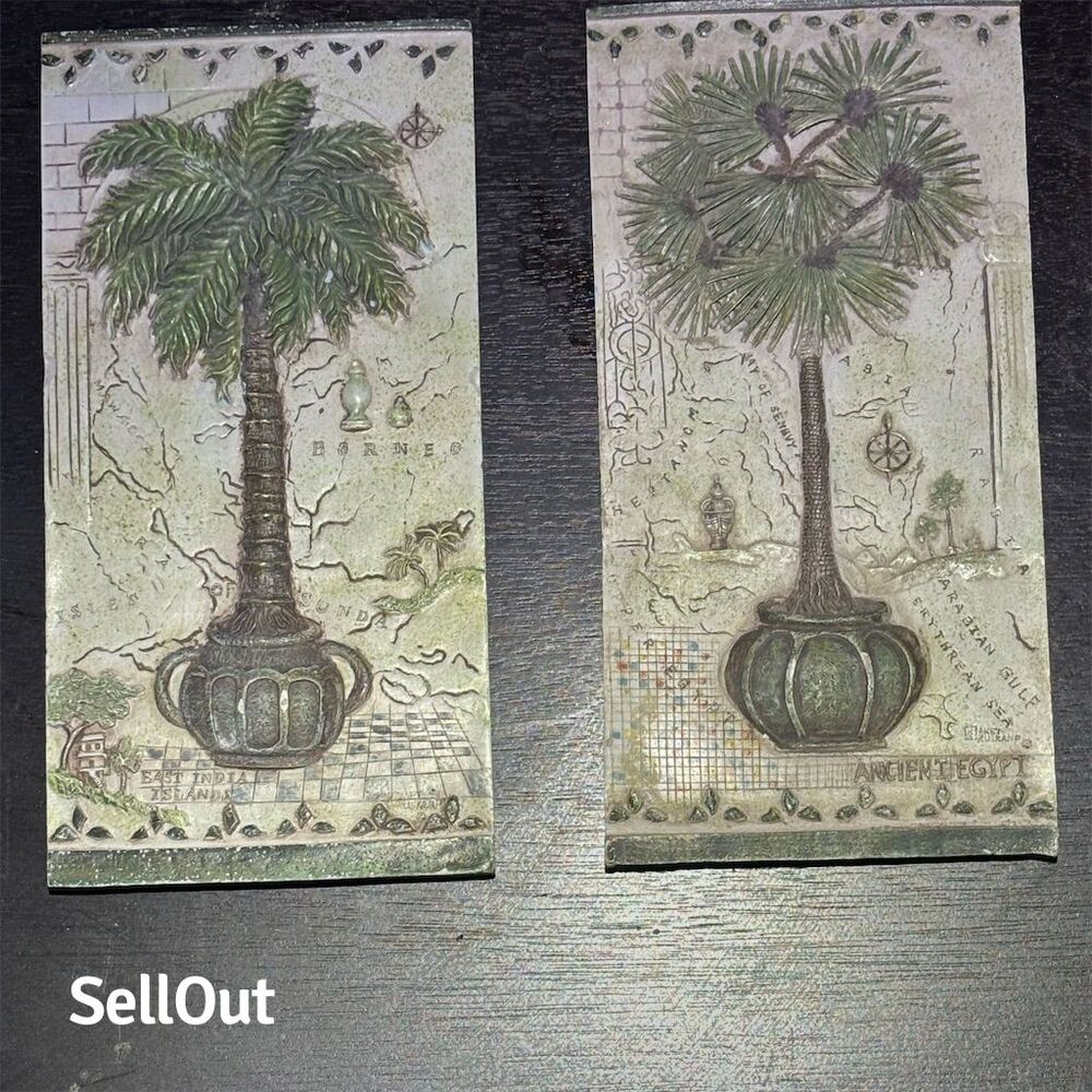 Janet Kruskamp 3D Potted Palm Tree Wall Plaques Set of 2 Tropical Decor